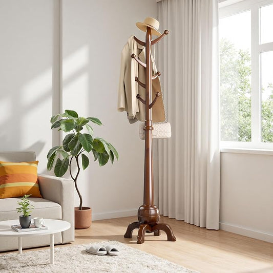 Coat Rack Freestanding with 8 Hooks, Wooden Coat Tree, Walnut | Coat Hanger Stand Heavy Duty with Stable Base, Hall Tree for Entryway Hallway Bedroom Office, 240lbs Load Capacity H:71.7in