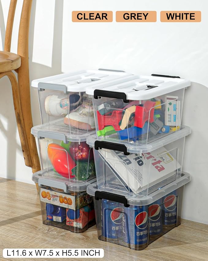 NUMIFUN 7Qt Clear Plastic Storage Bins with Lids,Transparent Design,6 Pack | Stackable organizing totes with buckle latches & handles.Dust-proof clear design for home,office & pantry space saving