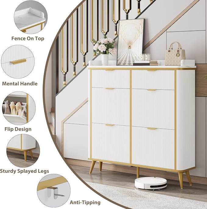 Fluted Shoe Storage Cabinet with 4 Flip Drawers & 2 Drawers, Freestanding Hidden Shoe Organizer with Adjustable Shelves, Wood Narrow Shoe Rack Cabinet for Entryway, Hallway, Foyer, White