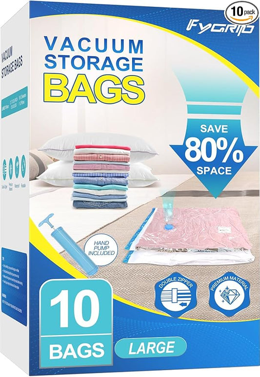 Fygrip Vacuum Storage Bags with Hand Pump, Plastic Packaging Bags, 80% Space Saver Vacuum Seal Bags for Clothing, Travel Lugggage, Blankets, Comforters, 10 Large