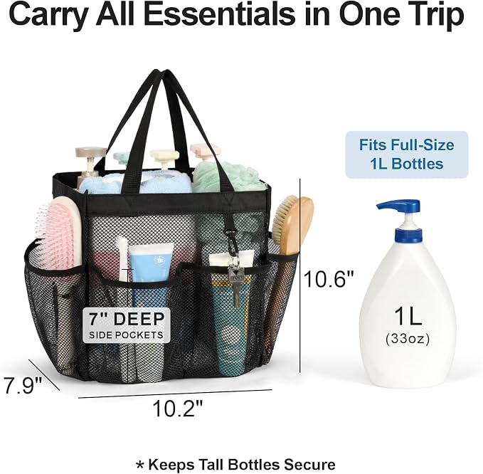 Mesh Shower Caddy Portable with Dividers - 2-Handle Shower Bag for Dorm | 8 Deep Pockets, S-Hook, Quick-Dry Mesh, College Dorm Room Essentials for Girls, Camping, Gym, Travel & Bathroom, Black
