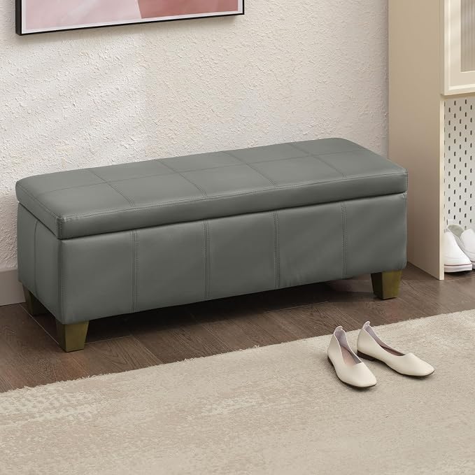 41" Storage Ottoman, Storage Bench with Safety Hinge, Upholstered Synthetic Leather Ottoman Bench for Bedroom, Living Room, Entryway, Hallway, Foot Rest, Support 500lbs, Grey