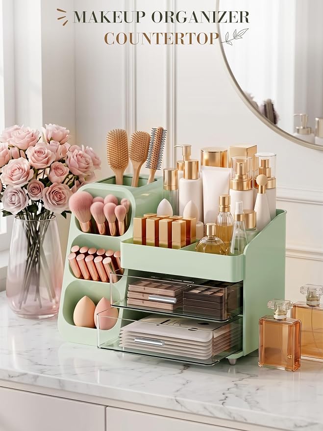Makeup Organizer with Drawers,Large Capacity Countertop Organizer for Vanity,Bathroom and Bedroom Desk Cosmetics Organizers,Easy To Storage Skincare,Brushes,Lotions (Green)