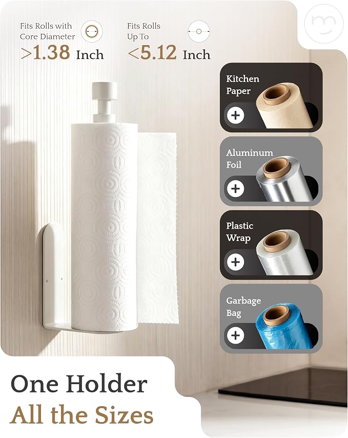 Paper Towel Holder Under Cabinet Adhesive or Drilling White | Drill Wall Mount or Adhesive, Easy Roll Loading, Heavy Duty, Stainless Steel Paper Towel Roll Rack for Kitchen, Bathroom