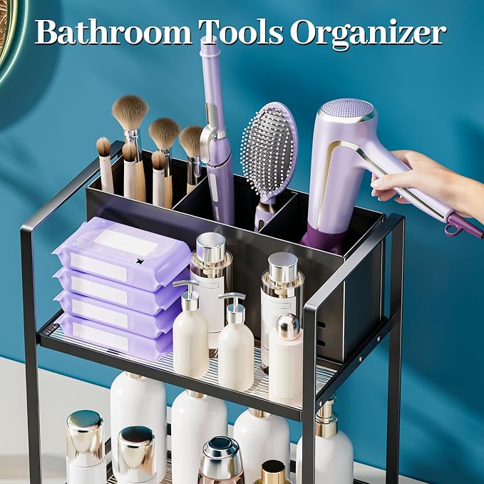 Bathroom Counter Organizer, Metal Vanity Shelf with Hair Dryer Holder | 2-Tier Hair Tool Organizer, Large Capacity Space-Saving, For Perfume,Skincare & Makeup Storage, Black