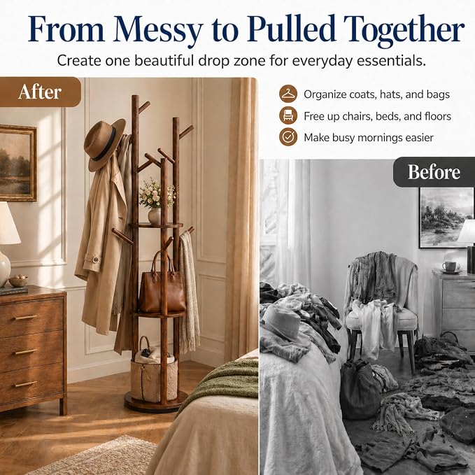 Solid Wood Rotating Coat Rack Freestanding, 360° Coat Tree with 3 Shelves & 9 Hooks, Heavy Duty Rubberwood Coat Hanger Stand, Hat Rack Hall Tree for Entryway Bedroom Office Hallway, Walnut