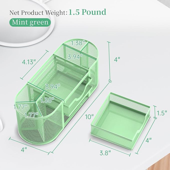 SUPEASY Mesh Desk Organizer, Desk Organizers and Accessories, Pen Holder with Drawers, Pencil Holder for Desk with 2 Drawer for Office Supplies, Mint Green