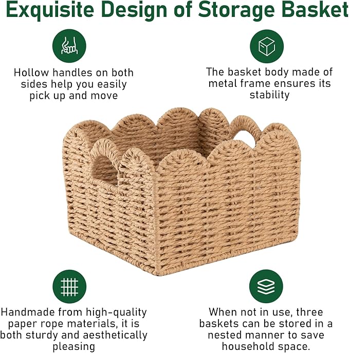 OIAHOMY Scalloped Wicker Baskets, Hand-woven Storage Baskets with Built-in Handles, Paper Rope Shelf Baskets for Organizing and Decoration, Set of 3-Yellow