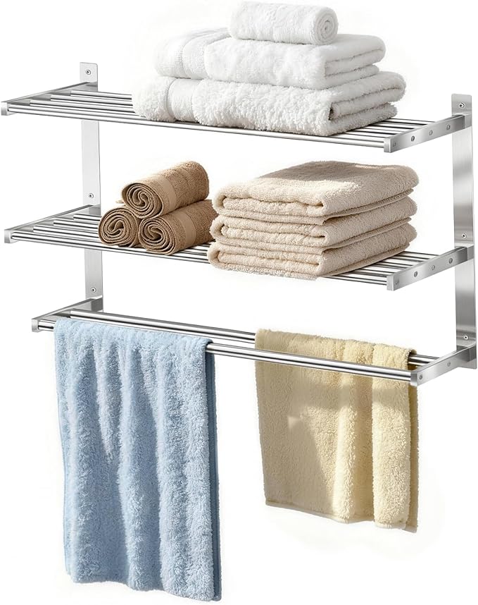 Taaji Towel Rack with Shelf 24 inch Double Towel Bars, Brushed Nickel | 3 Tier Towel Racks for Bathroom, Stainless Steel Bathroom Shelf with Hotel Bath Towels Storage, Wall Mounted