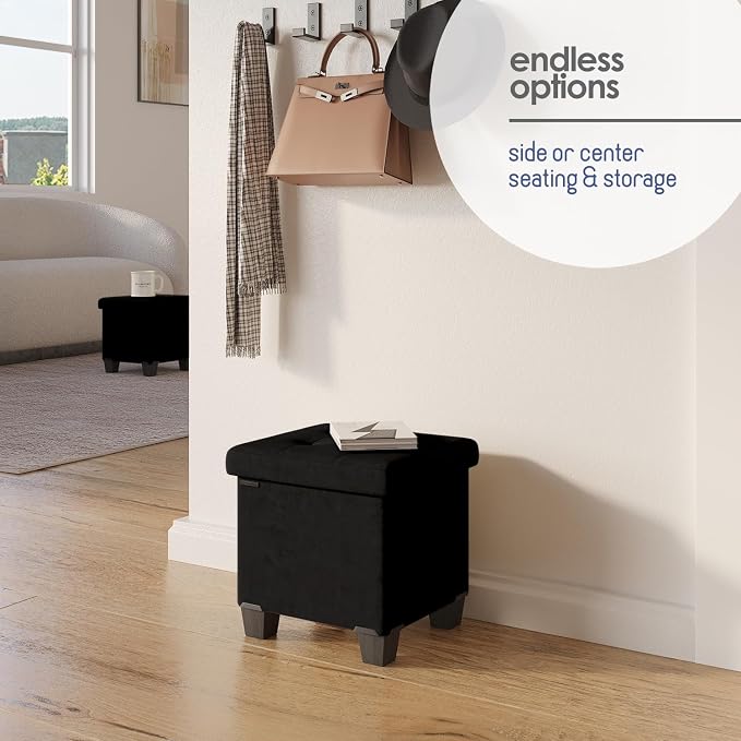 Storage Ottoman Cube with Small Bin, 15-in Square Ottoman with Storage for Living Room and Bedroom, Small Ottomans Foot Rest, Velvet Foot Stools Ottomans Max 330lbs, Black