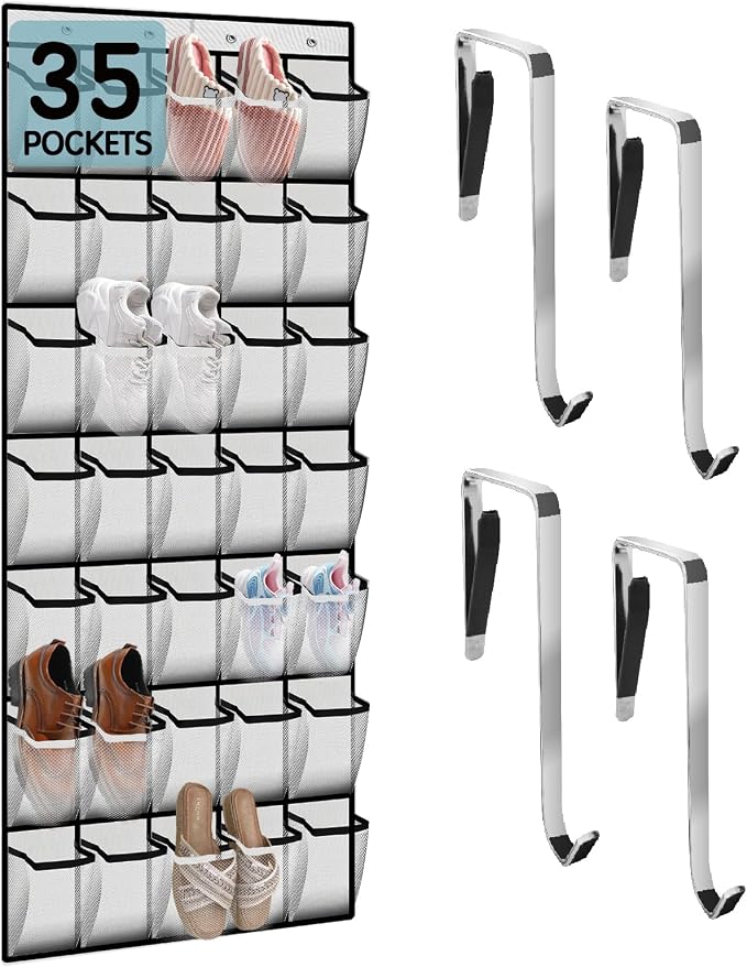 Kotkn 35 Compartment Over The Door Storage - Breathable Mesh Hanging Organizer with Large Pockets, Space Saving Design for Men & Women's Footwear, Closet, Bedroom （White）