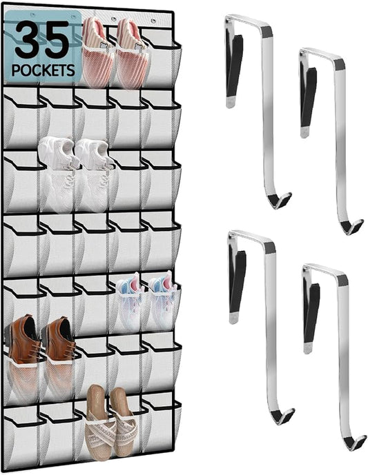 Kotkn 35 Compartment Over The Door Storage - Breathable Mesh Hanging Organizer with Large Pockets, Space Saving Design for Men & Women's Footwear, Closet, Bedroom （White）
