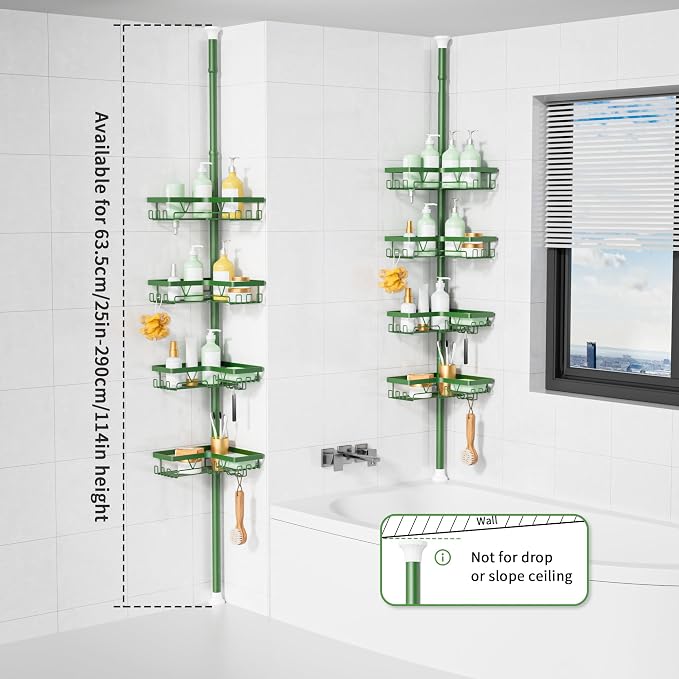 KEGII Shower Caddy Tension Pole, Bathroom Storage Shelf, Emerald Green | Space-Saving 4-Tier with 28 Hooks and Soap Holder, No Drill Setup for Renters, Adjustable Floor to Ceiling Shower Storage