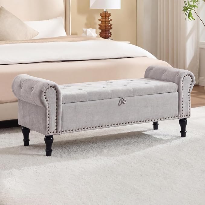 51" Storage Bench for Bedroom, Chenille End of Bed Bench, Queen Size Bench with Rolled Arms, Tufted Storage Ottoman Benches, Upholstered Bench for Bedroom, Living Room, Entryway, Light Grey