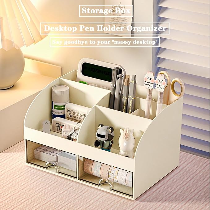 COMFYROOM Desk Organizer with 6 Compartments and 2 Drawers, Plastic Makeup Organizer, Pen Holder for Desktop Storage, Desk Organization for School, Home, Office Supplies (Ivory)