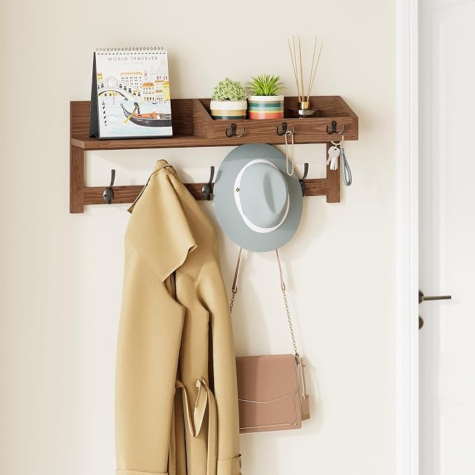 AMBIRD Wall Hooks with Shelf, 26.57 Inch Entryway Wood Coat Hooks for Wall with Shelf, Coat Rack Wall Mount with 5 Dual Hooks 3 Key Hooks Mail Organizer and Key Rack Holder (Brown)