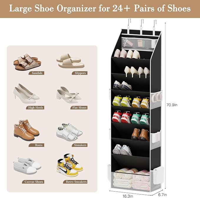 Shoe Organizer, Over the Door Shoe Organizer for Closet, Hanging Closet Shoe Storage with Large Deep Pockets, Holds Sneakers, Sandals, Boots, Fits 16–24 Pairs, Black