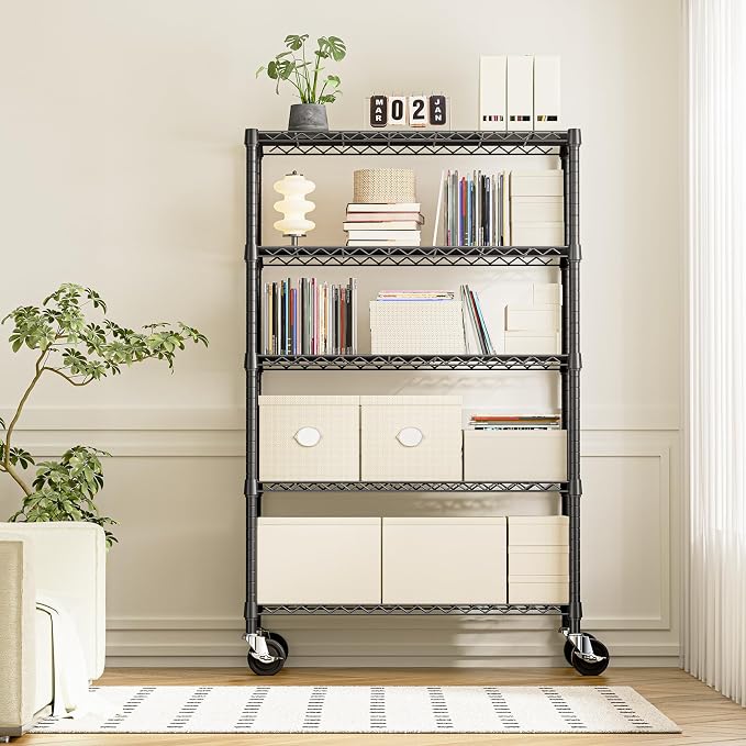 IZEUK 5-Tier Adjustable Heavy Duty Steel Wire Shelving Unit with Wheels, Storage Rack Organizer for Garage, Kitchen, Office, Laundry, Basement (Black, 17.7" D x 47.2" W x 76.7" H, 1750 lbs Capacity)