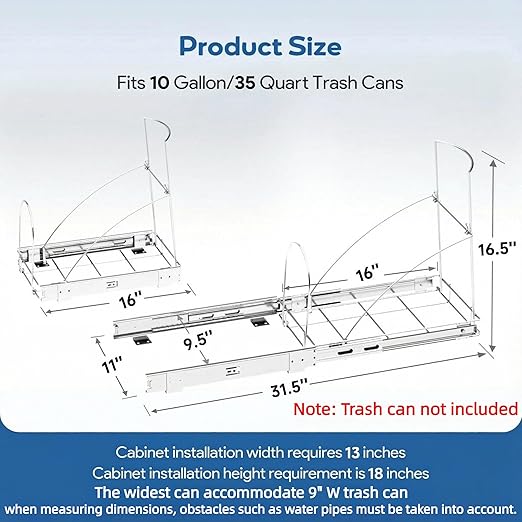 Pull Out Trash Can Under Cabinet & Under Sink, Heavy Duty Slider Organizer | Adjustable Cabinet Garbage Can Rack, Fits 30-40Qt Bins, Requires 13"W x 18"D Cabinet Opening, Chrome Finish, Can Not Included