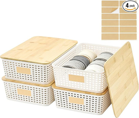 Bagnizer 4 Pack Plastic Storage Bins with Bamboo Lids, 6.2qt Stackable Storage Organizer Box with Lable for Pantry Shelves Drawers Desktop Office, 12"L x 8.3"W x 3.5"H, Cream White