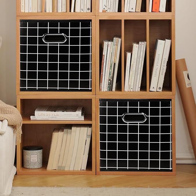 Yunkeeeper storage bins Cubes, Fabric Cube Organizer with Handle, Foldable Cube Bins for Cloth or Accessary Storage, 11x11x11, Set of 6, (Black grid)