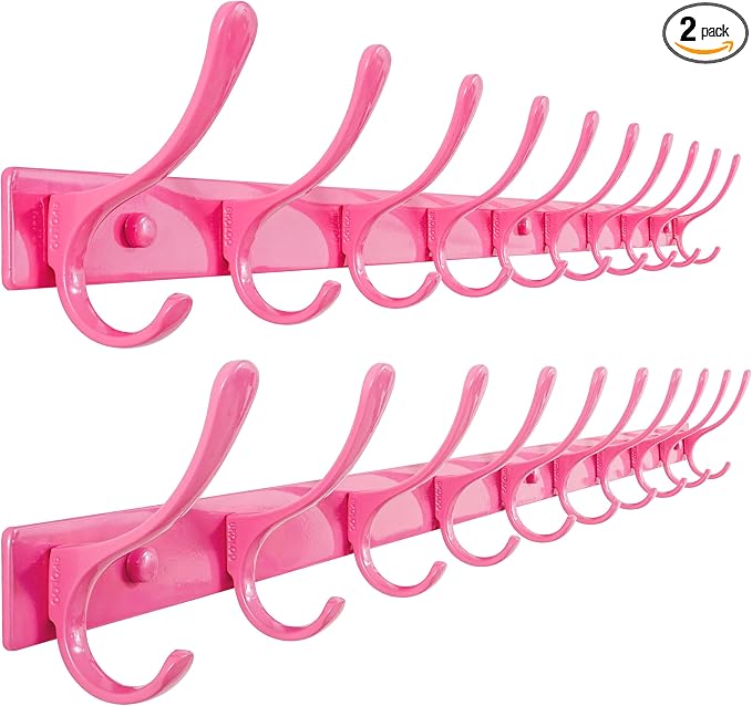 SKOLOO Coat Rack Wall Mounted - 10 Hooks, Pack of 2, Heavy Duty, Stainless Steel, Metal Wall Hanger, Sturdy Coat Hooks for Hanging Coats, Jacket, Clothes, Hat, Pink