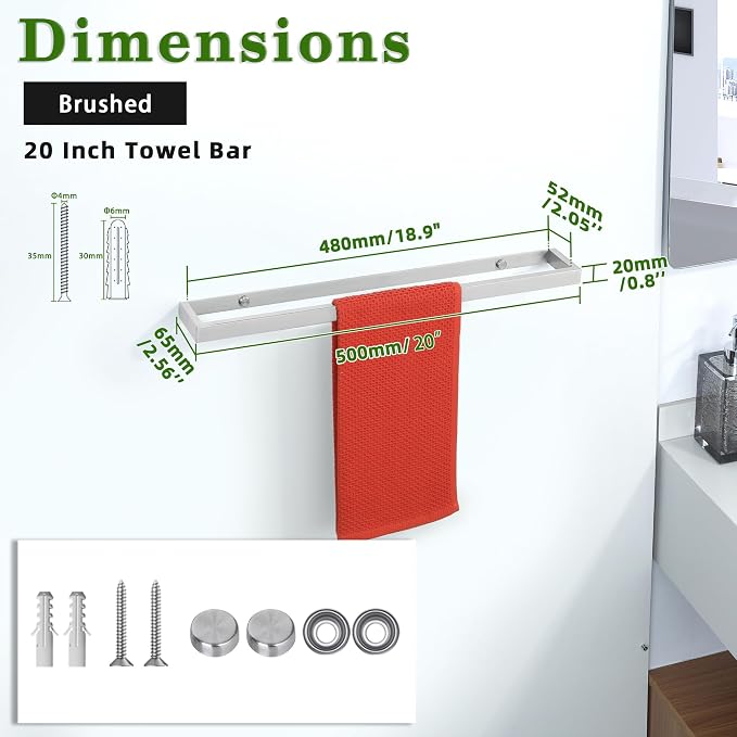 Alise 20 Inch Hand Towel Holder Towel Bar for Bathroom Wall Mounted,Brushed | Towel Hanger Towel Rack for Bathroom Lavatory,SUS304 Stainless Steel Towel Rail for Bath Kitchen, Non-adhesive Mount
