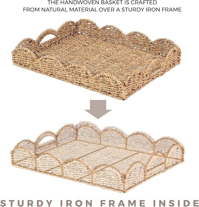 Scalloped Seagrass Tray, Hand-Woven Wicker Storage Baskets with Scalloped Edge and Handles (17x13x3 inch) Rectangular Handwoven Trays, Seagrass Basket for with Built-in Handles, 2 Pack