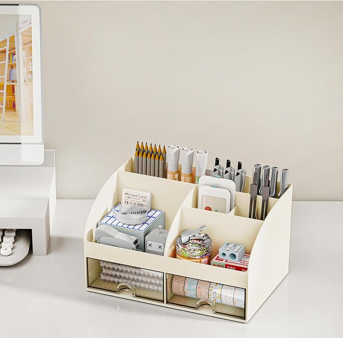 COMFYROOM Desk Organizer with 6 Compartments and 2 Drawers, Plastic Makeup Organizer, Pen Holder for Desktop Storage, Desk Organization for School, Home, Office Supplies (Ivory)