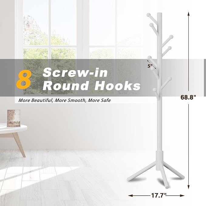 8-Hook Freestanding Coat Rack 3 Heights Safe Round Tips White | Smooth Round Tips Prevent Slipping,Tool-Free Assembly,Holds Clothes Hats Handbags,Ideal for Entryway Bedroom Hallway Office