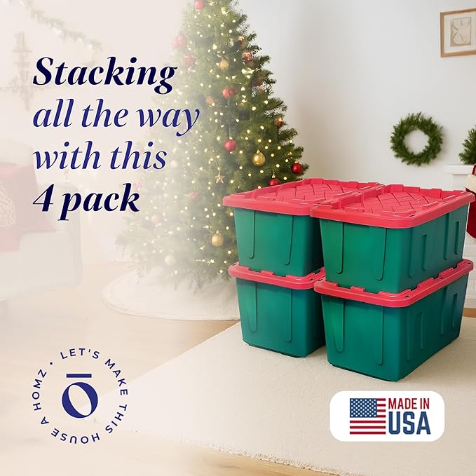 HOMZ Durabilt Plastic Storage Bins with Lids, 27 Gal, Red/Green, 4 Pack | Heavy-Duty Large Stackable Container Seasonal Boxes for Home, Attic, and Garage Organization