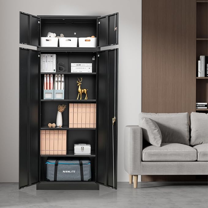 CJF Metal Storage Cabinet, 87 inch Tall Large Locking Cabinet with Top Cabinet, Garage Storage Cabinet with 4 Adjustable Shelves for Home Office, Garage and Utility Room-Black