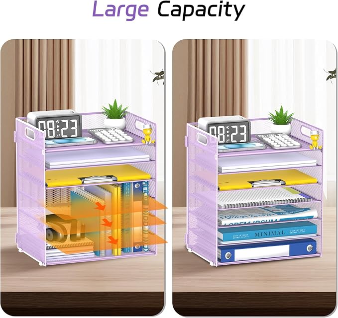 7 Tier Paper Organizer for Desk with Mesh Letter Trays and Handle Purple | Purple Desk File Organizer with Handle for Sorting Papers, Files, Folders, Mail, Bills and Office Supplies