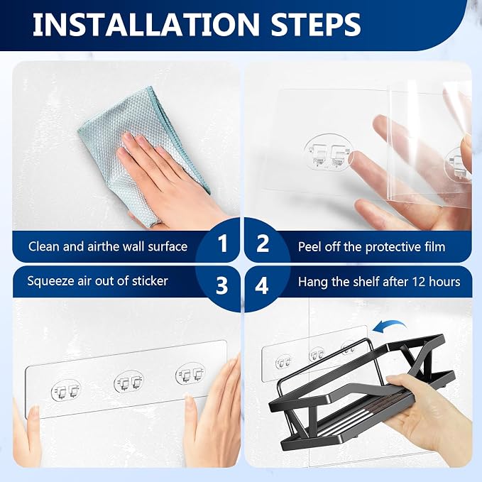 14 Pack Shower Caddy Adhesive Replacement, Strong Adhesive Hooks, Waterproof Shower Adhesive Strips, No Drilling, for Bathroom Storage Shelves