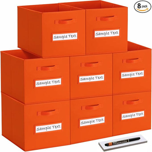 Fabric storage cubes (8 Pack) 11 Inch Cube Storage Bin, cube organizer bins with 8 Labels Window Cards & a Pen, Foldable cube organizer bins and Storage Box, Orange