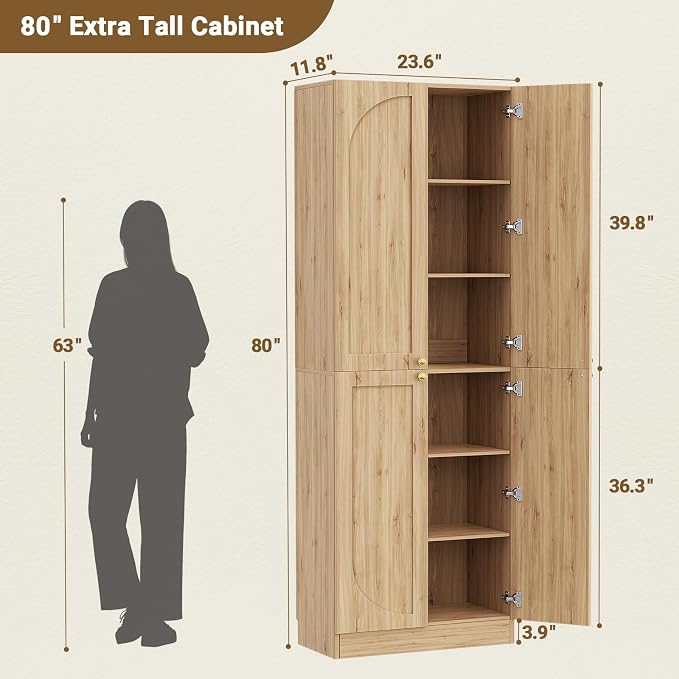 Cyclysio 80" Kitchen Pantry, Extra Tall Arch Storage Cabinet with 8 Soft Close Doors and Adjustable Shelves, Freestanding Wood Cupboard with Seamless Fit Wall for Dining Living Room Bathroom Furniture
