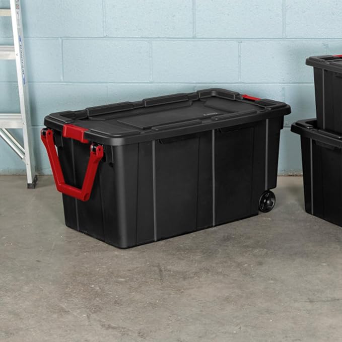 Sterilite Industrial Storage Tote w/Wheels for Garage, 40 Gallon, 8-Pack | Heavy-Duty and Stackable Utility Box Containers for Home, Office, and Basement Organization, Black
