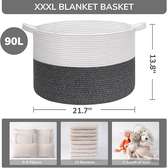 INDRESSME XXXLarge Woven Rope Blanket Basket Living Room, 90L | 21.7" x 13.8" Storage baskets for toys laundry & pillows. Fits living room, bedroom or nursery décor. Soft-touch with handles