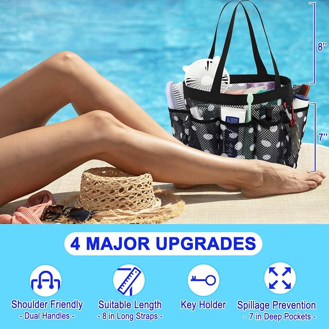 Fammart Mesh Shower Caddy Portable for College Dorm Room Essentials, Odorless Polyester Large Shower Tote Bag with Dual Handles, 8-Pocket Quick-Dry Toiletry Organizer for Travel, Beach, Camping, Gym