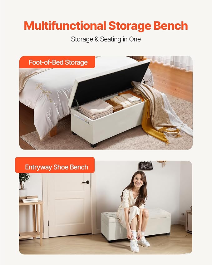 VEVOR Storage Ottoman Bench, End of Bed Bench with 2 Side Bags, Fabric Upholstered with Metal Frame, Toy Box Storage, Bed Benches for Foot of Bed, Bench for Entryway, Living Room, Playroom, Beige