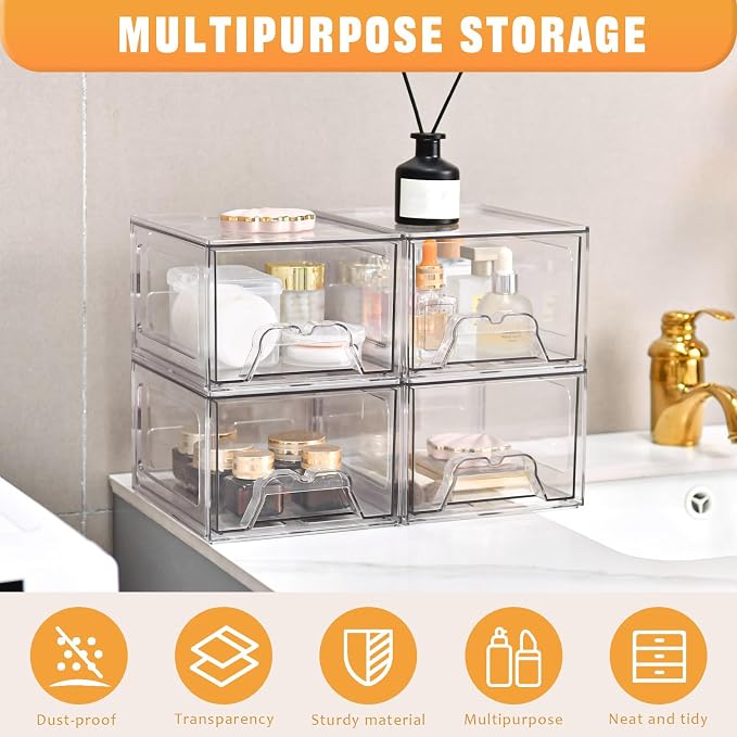 6 Pack Stackable Storage Drawers,Makeup Organizer with Pull-out Drawer | 4.4'' Tall, Acrylic Clear Plastic Storage Bins for Vanity,Pantry,Desk,Undersink,Kitchen,Bathroom