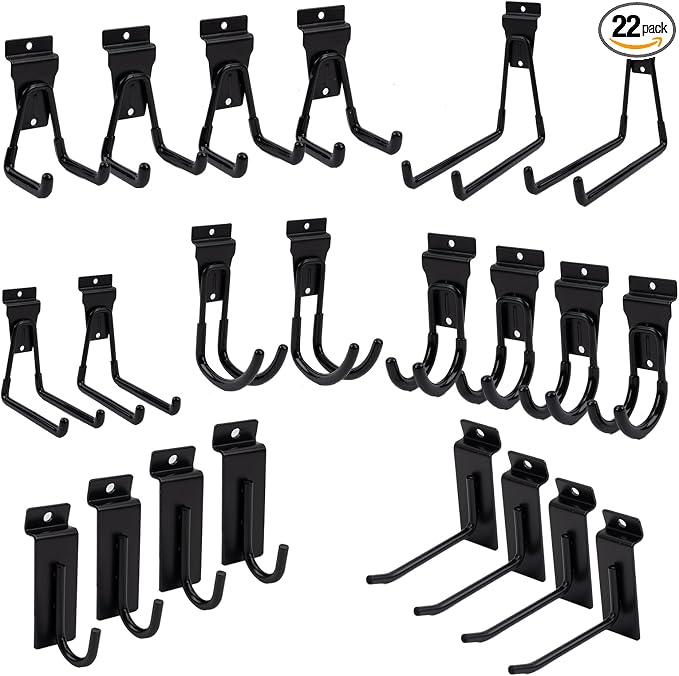 Slatwall Accessories Heavy Duty Garage Hooks Slatwall Panel Hooks Slat Wall Hanging Hook for Bike Ladder Garage Storage System Accessory Multi Size Utility (22 Hook)