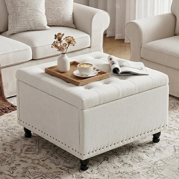 Tbfit Large Square Storage Ottoman Bench, Botton Tufted Upholstered Coffee Table with Wooden Legs, Oversized Storage Ottomans Toy Box Footrest for Living Room, Apartment, Beige