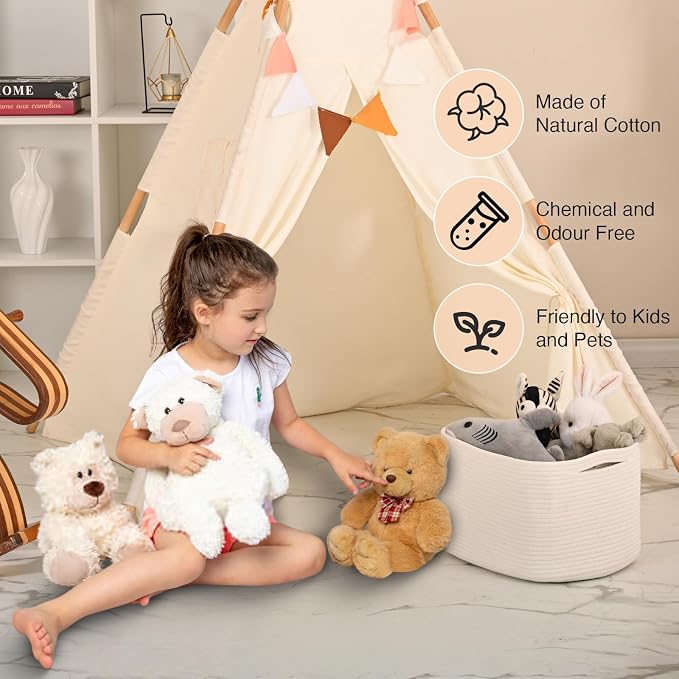 ICERZCZ Woven Cotton Rope Storage Basket for Organizing, Cute Decorative Baskets for Gifts Empty, Organizer Bins for Dog Toy, Baby Laundry, 17“×13”×9.5“, Off White