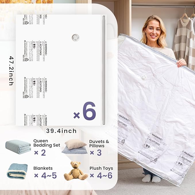 TAILI 6 Pack Vacuum Storage Bags, XXL Jumbo (47x39 Inch), Cream | Vacuum Seal Bags for Clothing, Comforter and Blankets, Bedding, Giant Space Saver for Huge Stuffed Toy