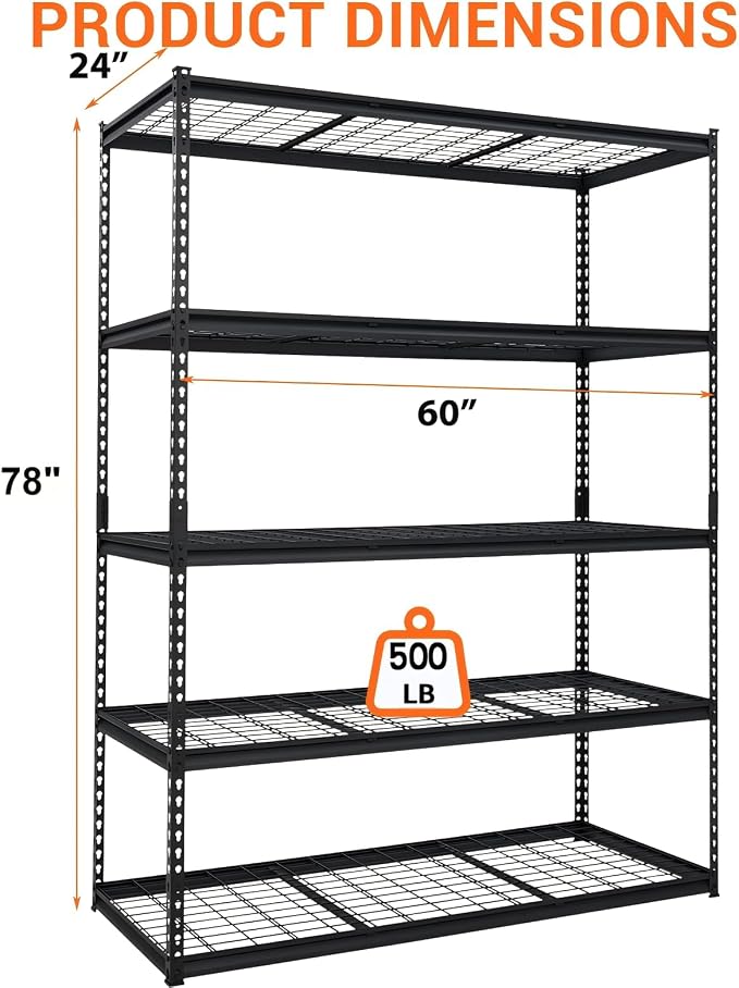 Garage Storage Shelves 5 Tiers, Heavy Duty Storage Shelving Racks with 2500 LBS Capacity, 60 in L x 24 in W x 78 in H Metal Adjustable Utility Shelving Unit for Garage Organization, Basement, Workshop