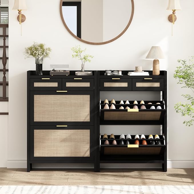 HOKYHOKY Rattan Shoe Storage Cabinet with 2 Drawers & 2 Flip Drawers | Hidden Slim Shoe Organizer, Farmhouse Boho Narrow Shoe Rack, Large Tabletop Space, Entryway, Rustic Black