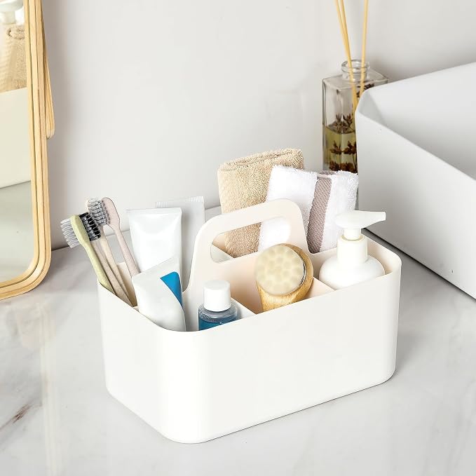 Multiuse Caddy Organizer with Handle, Portable Divided Plastic Tote Bin - Art Craft, Stationary Pen Marker Crayons, Makeup Hair Supplies Storage - Bathroom, Classroom, Dorm, Office, Desk Holder -White
