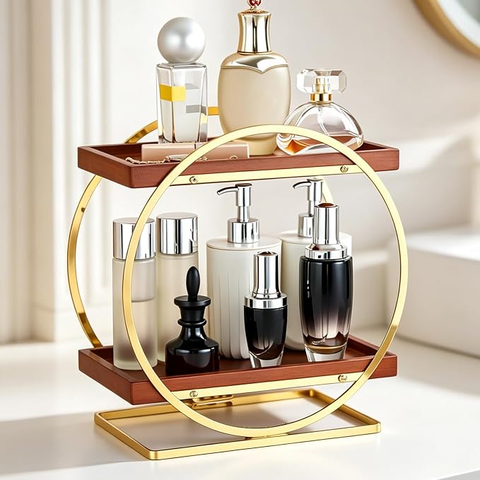 Bathroom Counter Organizer, Wooden Bathroom Organizers and Storage | 2-Tier Vanity Makeup Skincare Cologne Organizer, Bamboo Perfume Organizer for Dresser, Countertop Shelf Kitchen, Gold & Brown