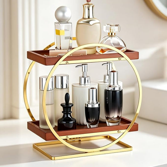 Bathroom Counter Organizer, Wooden Bathroom Organizers and Storage | 2-Tier Vanity Makeup Skincare Cologne Organizer, Bamboo Perfume Organizer for Dresser, Countertop Shelf Kitchen, Gold & Brown